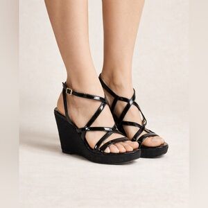Kate Spade New York Black Patent Leather Strappy Wedge Sandals Size 8M